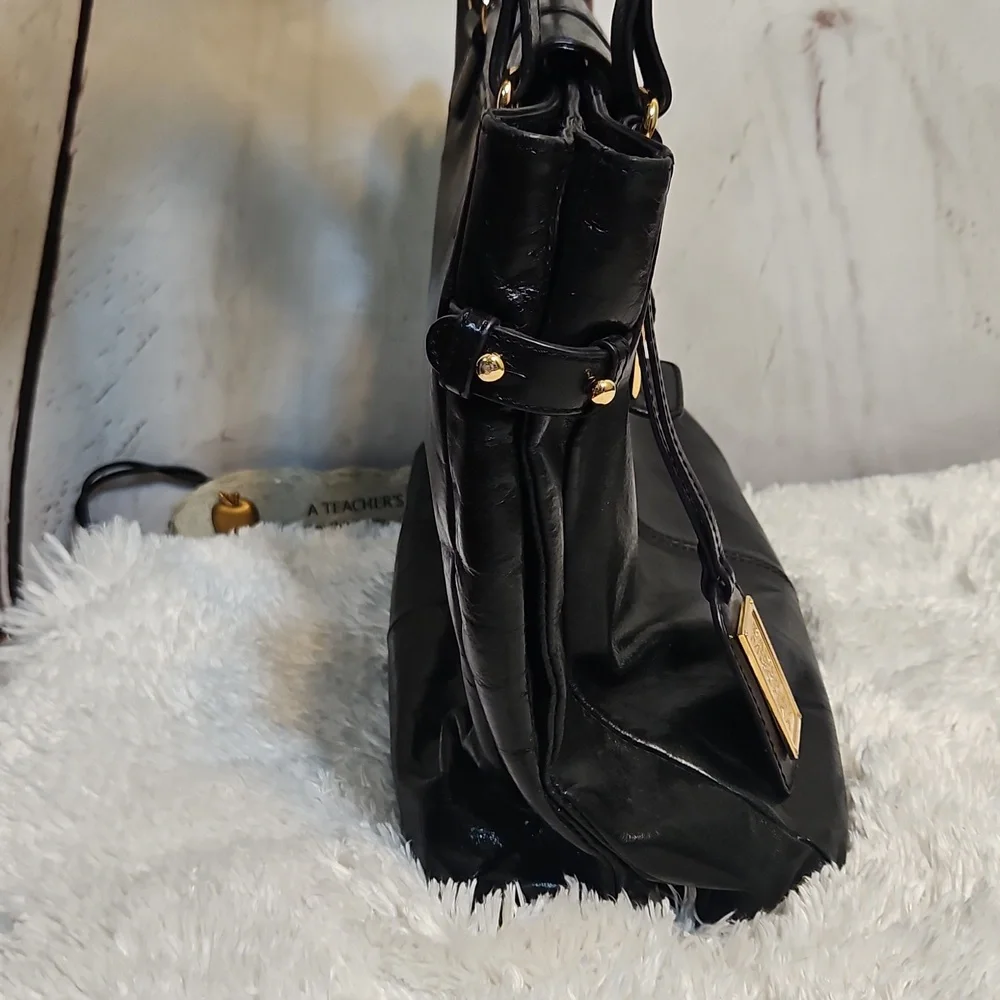 Badgley Mischka Black Patent Leather Tote Bag‎ Gold Buckle Shoulder Bag
